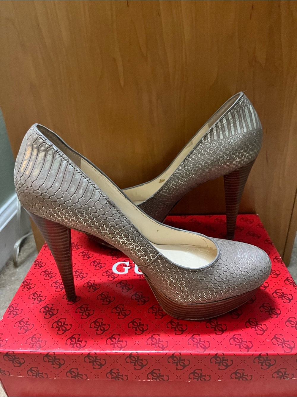 Guess Metallic Taupe Faux-Reptile Platform Stiletto Pumps